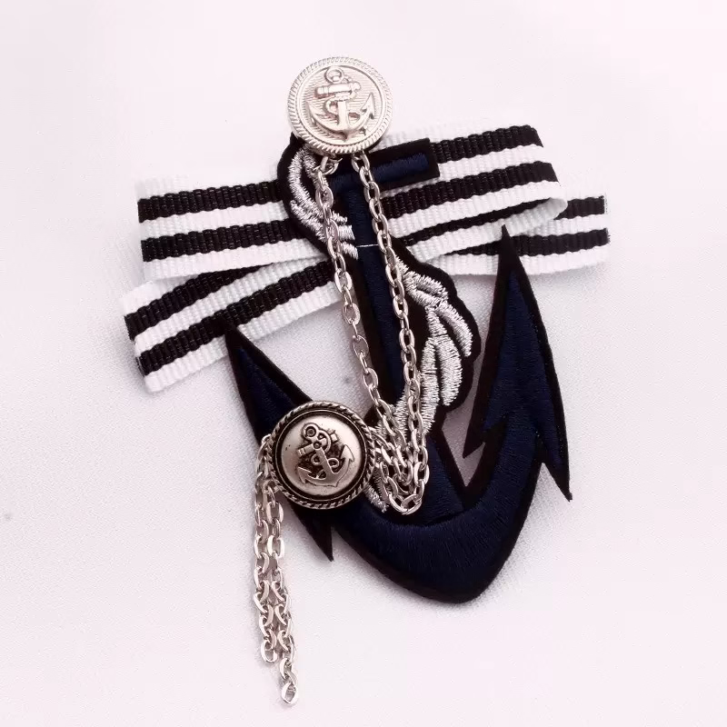 Nautical Anchor Brooch Pin, Black Anchor Chain Brooch, Sailor Stripe Ribbon, Statement Jacket Pin, Marine Style Jewelry