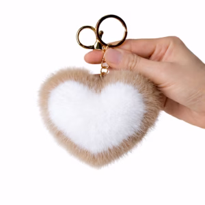 Coffee Faux Fur Heart Keychain – Plush Heart Bag Charm with Key Ring