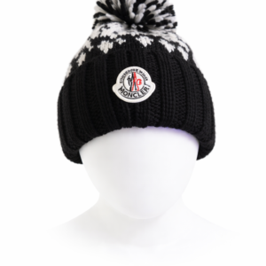 Moncler-Inspired Black Knit Pom Beanie – Winter Warm Hat with Logo Patch Style