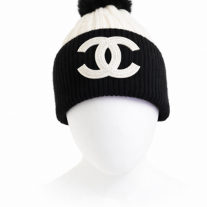 Luxury-Inspired Knit Pom Beanie Hat – Black & Cream Designer-Style Winter Beanie